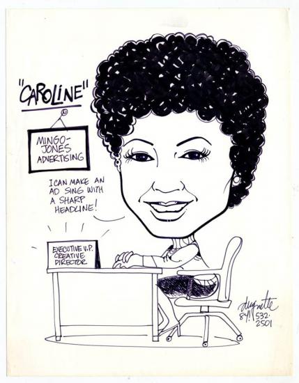 Cartoon illustration of Caroline Jones in her Mingo-Jones office.